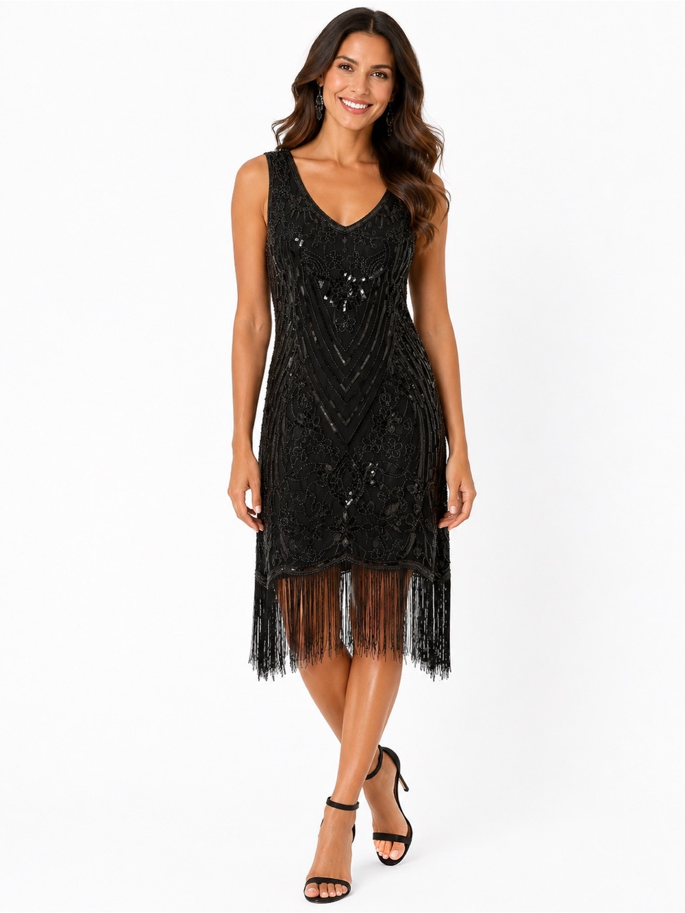 Yessa Size XL Black Beaded Fringe Women's Sleeveless Dress Roaring 20s Costume
